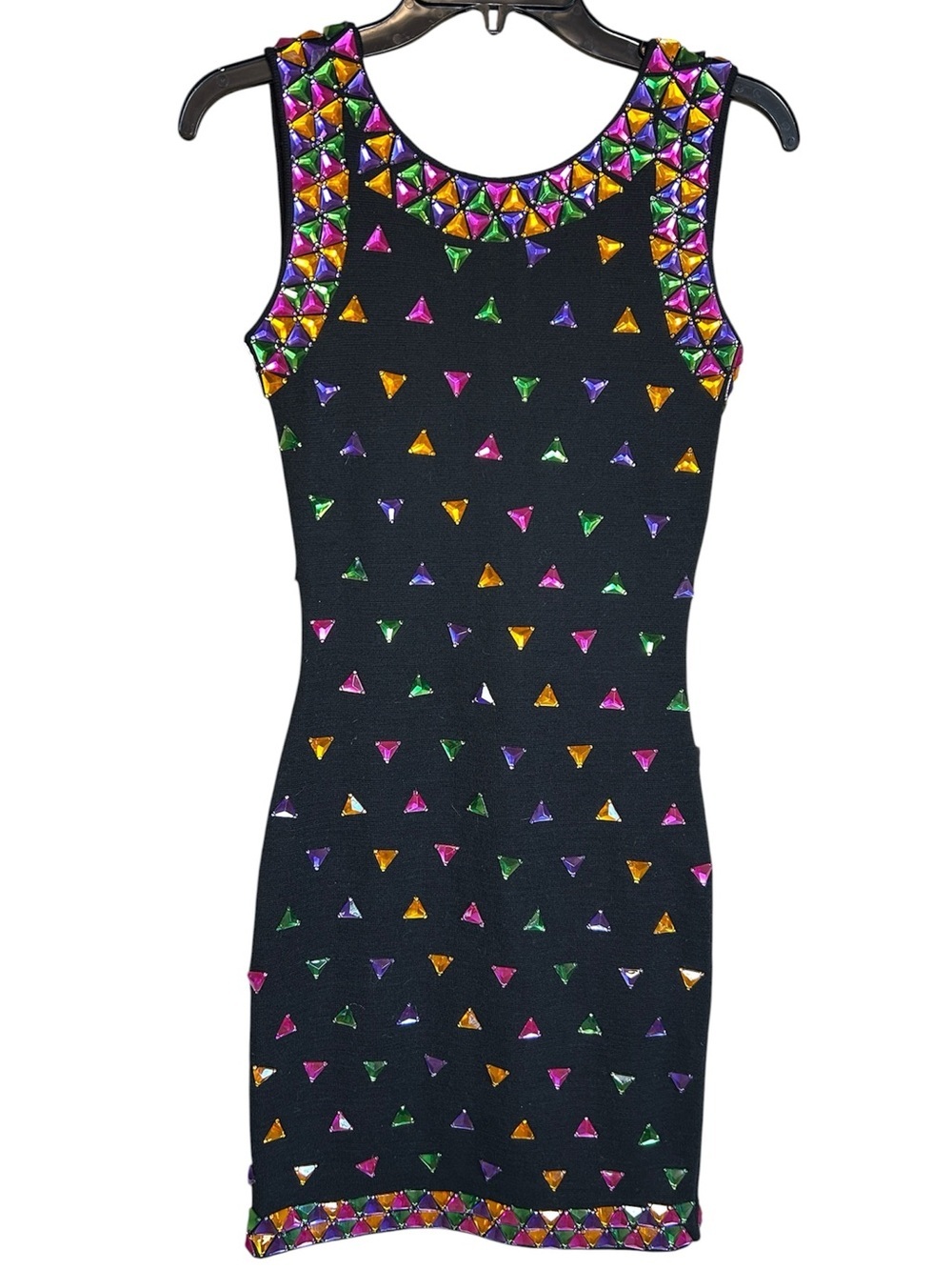 A.J Bari Vintage Black Bodycon Multicolor Studded Triangle Beaded Dress Sz SP